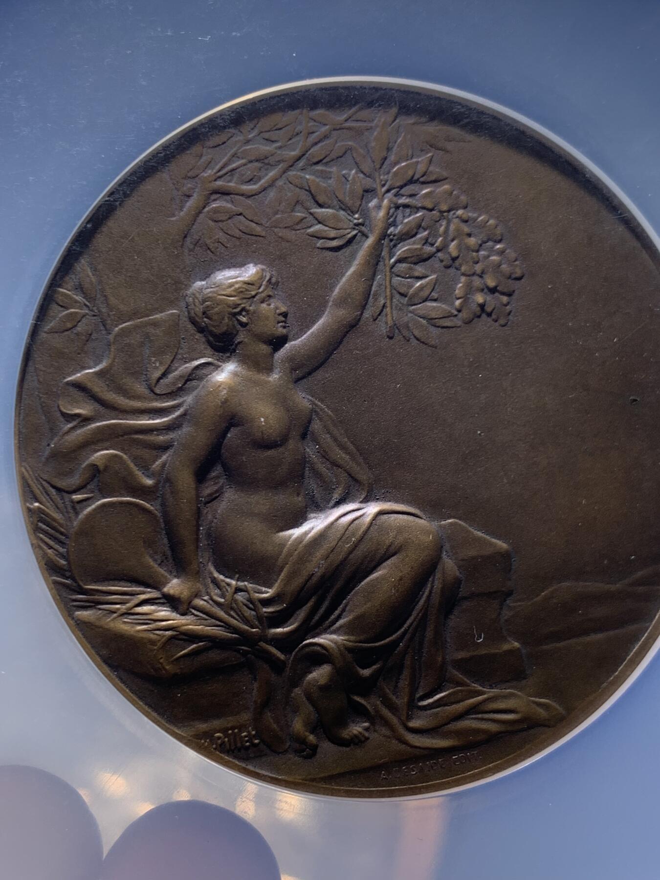 《竞宝斋》第477场 周日，周一 2场连拍 （全场包邮）欢迎送拍 NGC MS63BN 法国1933年索邦大学女子教育协会铜章，59mm 大尺寸，pillet大师作品，见证女性高等教育里程碑，历史意义非凡。加大盒装。