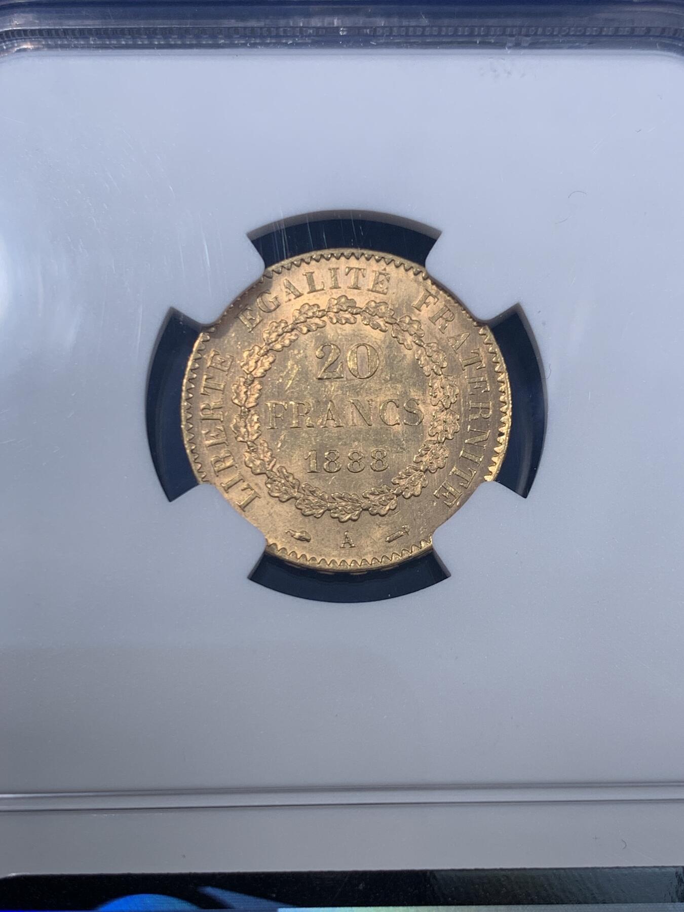 《竞宝斋》第477场 周日，周一 2场连拍 （全场包邮）欢迎送拍 NGC MS62 法国1888年幸运天使金币 20法郎 少见原光好品收藏金币 1888发财好币 此年是该系列中发行量最少的年份 900金 6.45克 只有27707枚 因此高分很难得