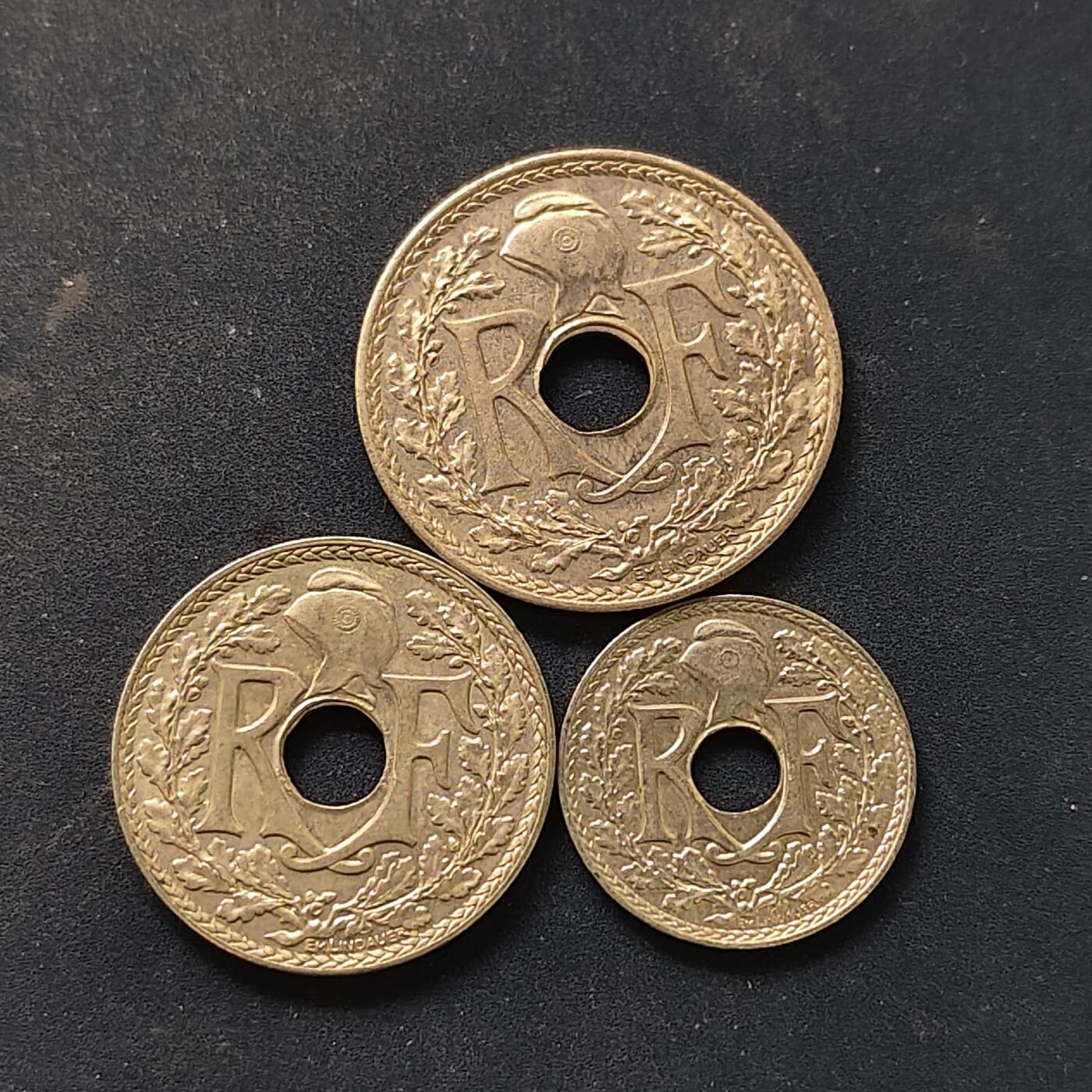 【全场包邮】纯粹捡漏拍518场 法国1938-1939年自由帽中孔镍青铜版3枚套币