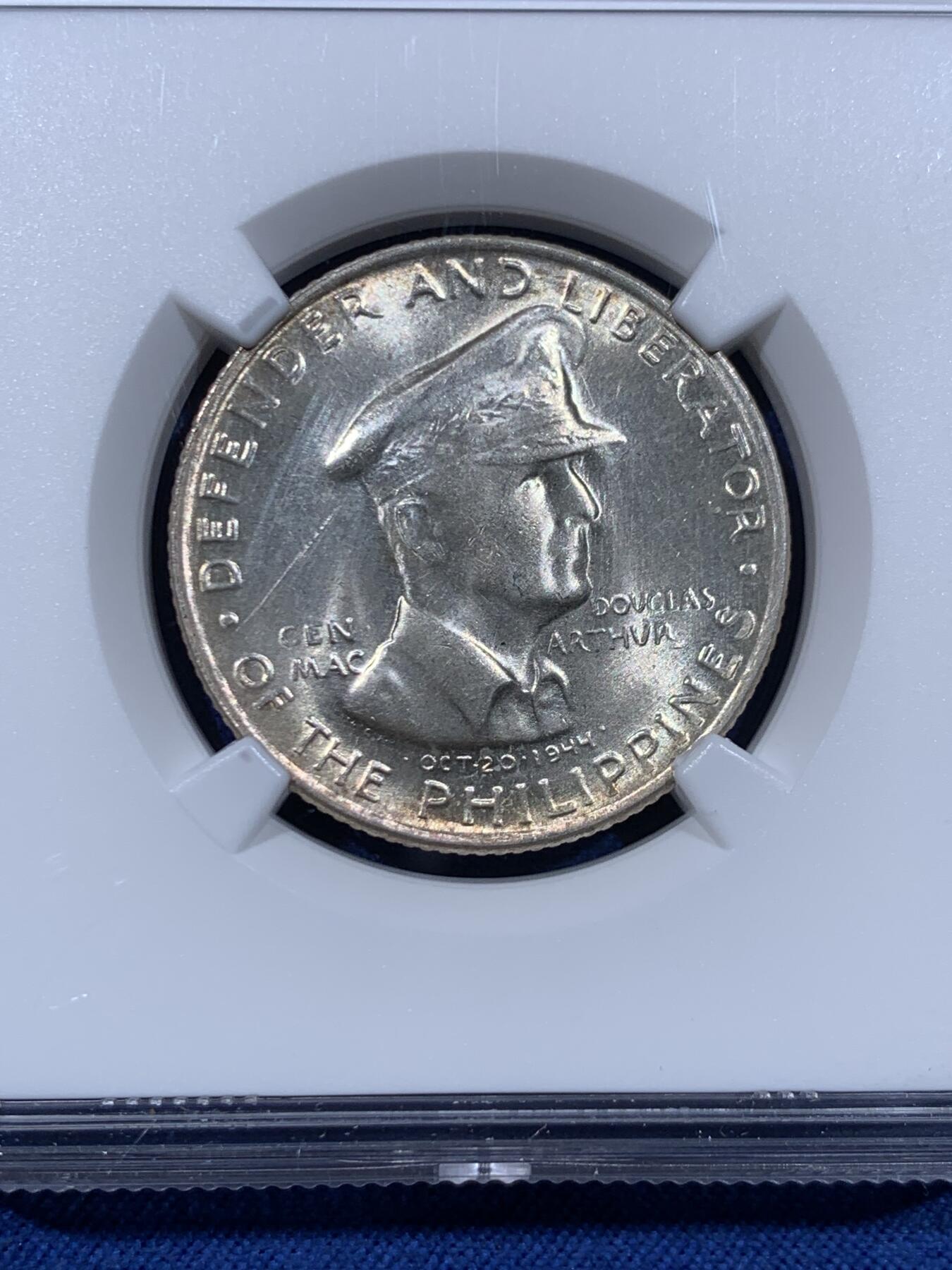 《竞宝斋》第477场 周日，周一 2场连拍 （全场包邮）欢迎送拍 NGC UNC 菲律宾 1947年 麦克阿瑟50分银币，正面人像旁边有一点小发丝 性价比之选