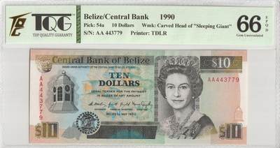 PThappally收藏第56次拍卖，英联邦地区硬币纸币 - 伯利兹中央银行 1990 年 10 元 Pick 54a TQG 66 EPQD Gem UNC