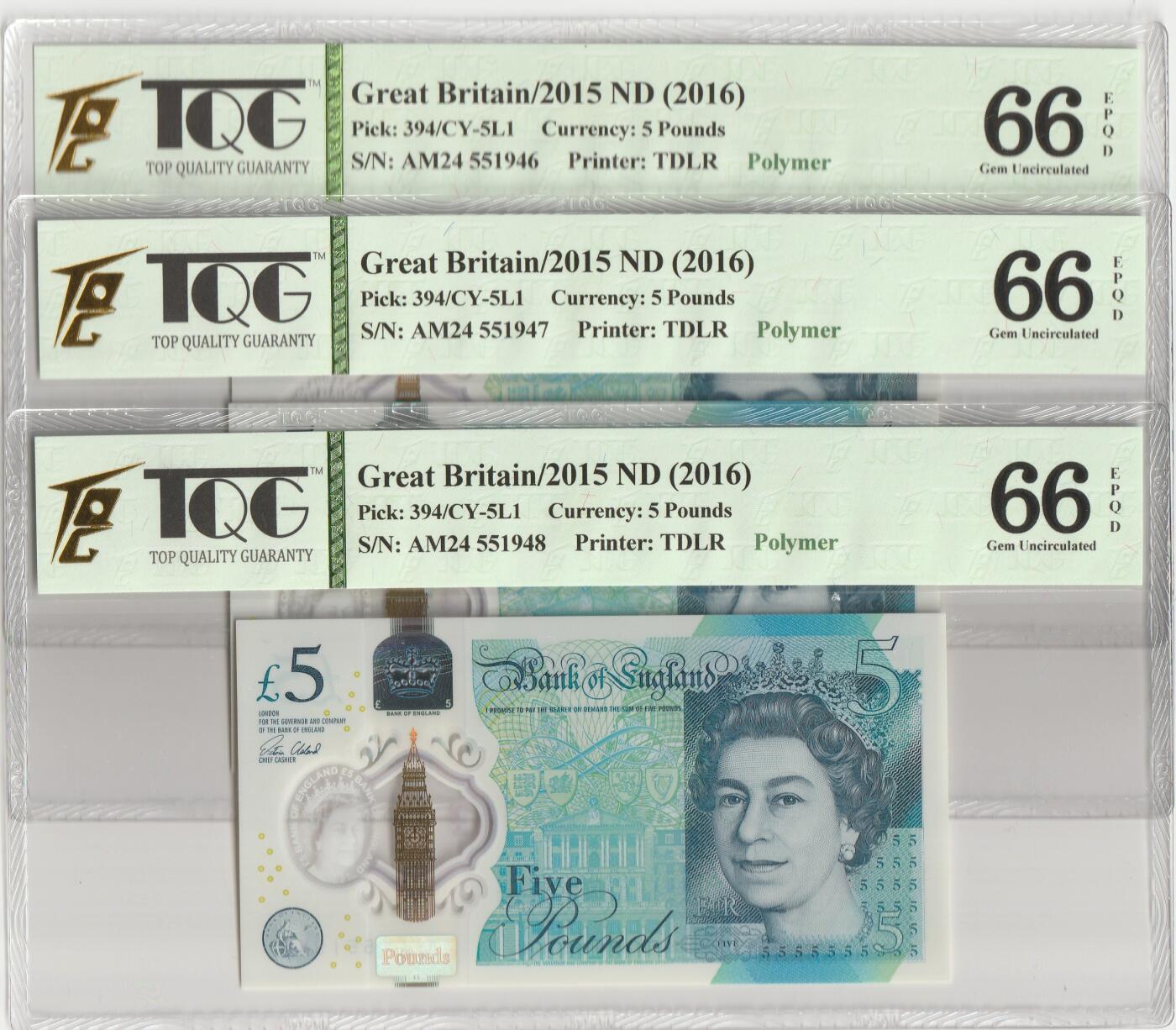 PThappally收藏第56次拍卖，英联邦地区硬币纸币 英格兰银行2016年5英镑三连号 Pick 394 TQG 66 EPQD Gem UNC
