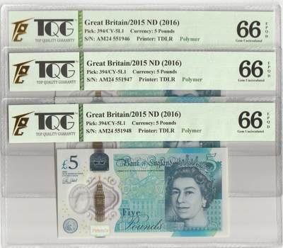 PThappally收藏第56次拍卖，英联邦地区硬币纸币 - 英格兰银行2016年5英镑三连号 Pick 394 TQG 66 EPQD Gem UNC