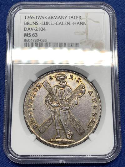 《竞宝斋》第477场 周日，周一 2场连拍 （全场包邮）欢迎送拍 - 唯一冠军分 NGC MS63  德国 1765年 布伦瑞克-吕讷堡-卡伦贝格-汉诺威 乔治三世 泰勒大银币 也是唯一入盒的MS级