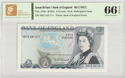 PThappally收藏第56次拍卖，英联邦地区硬币纸币 - 英格兰银行 1987年 5英镑 Pick 378e TQG 66 EPQD Gem UNC