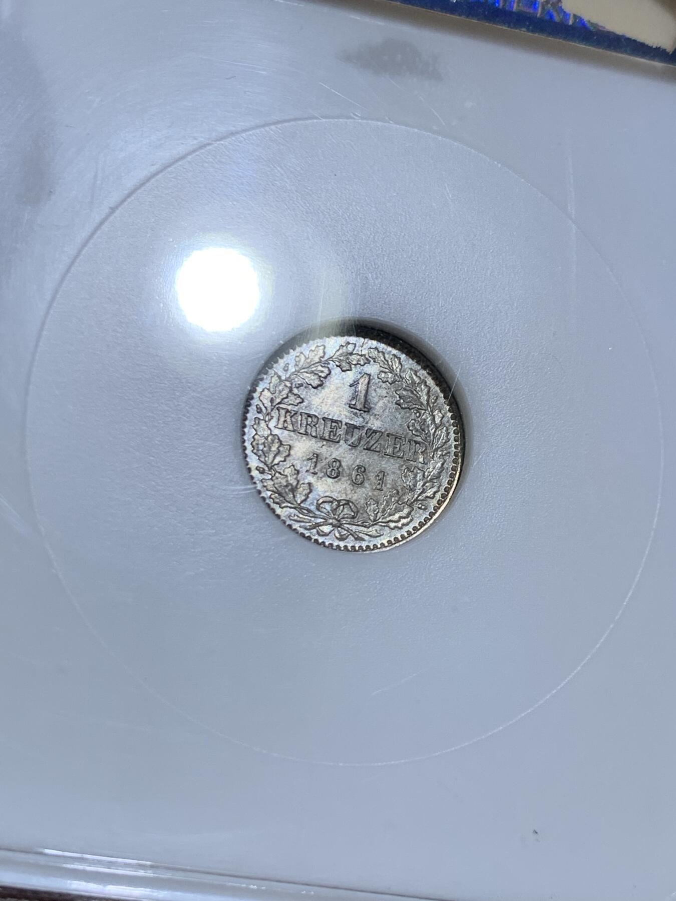 《竞宝斋》第477场 周日，周一 2场连拍 （全场包邮）欢迎送拍 NGC MS65 德意志法兰克福1861年1克鲁泽银币