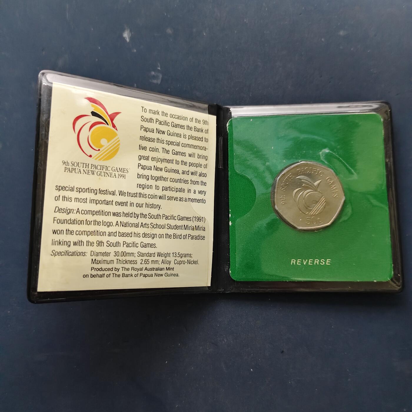 【全场包邮】纯粹捡漏拍518场 巴布亚新几内亚1991年50塔拉第九届南太平洋运动会官方卡册装纪念币