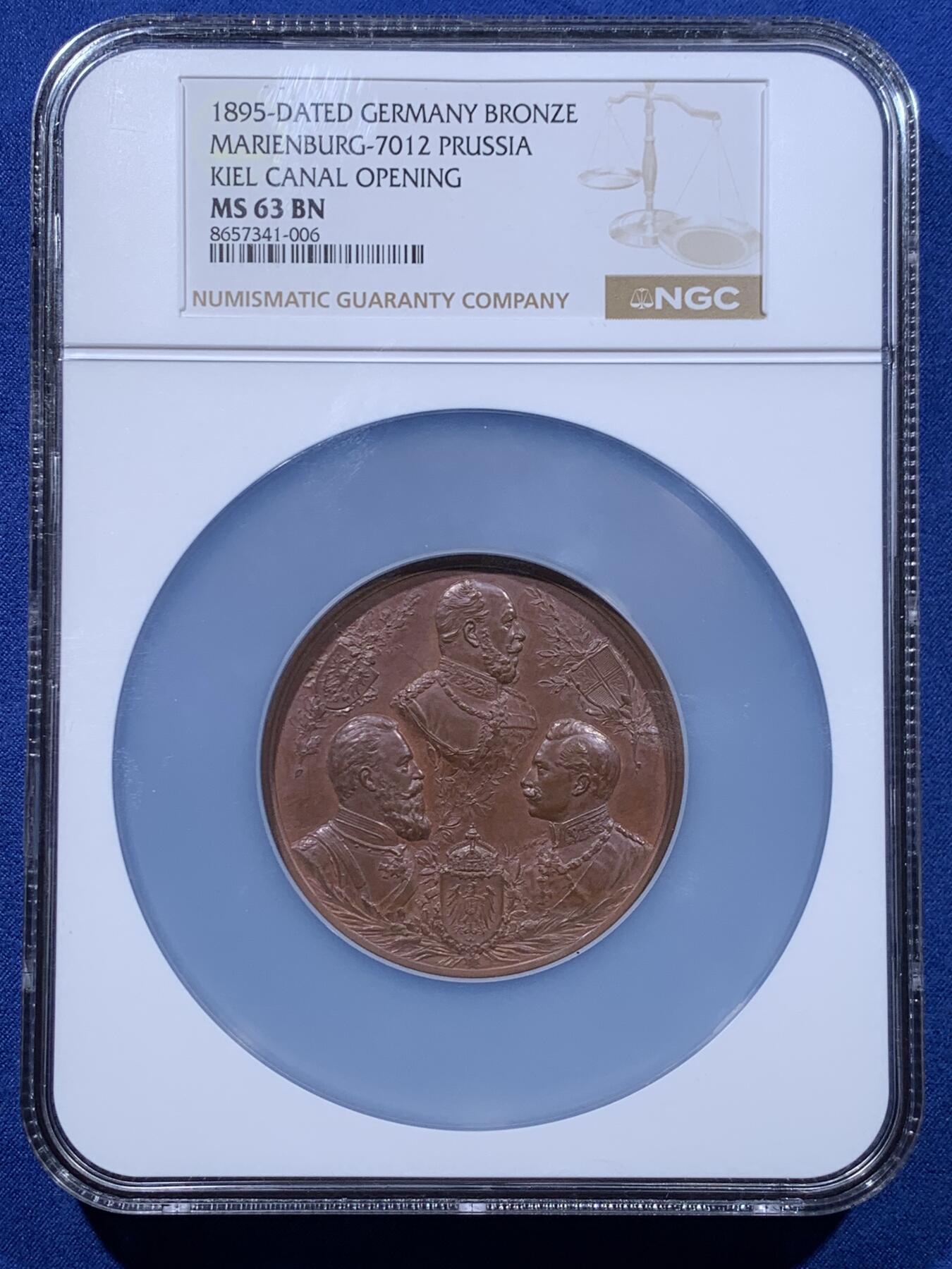 《竞宝斋》第477场 周日，周一 2场连拍 （全场包邮）欢迎送拍 NGC MS63BN 1895年德国普法战争胜利25周年三皇纪念基尔运河开通大铜章 德系名章之一 加大加厚盒