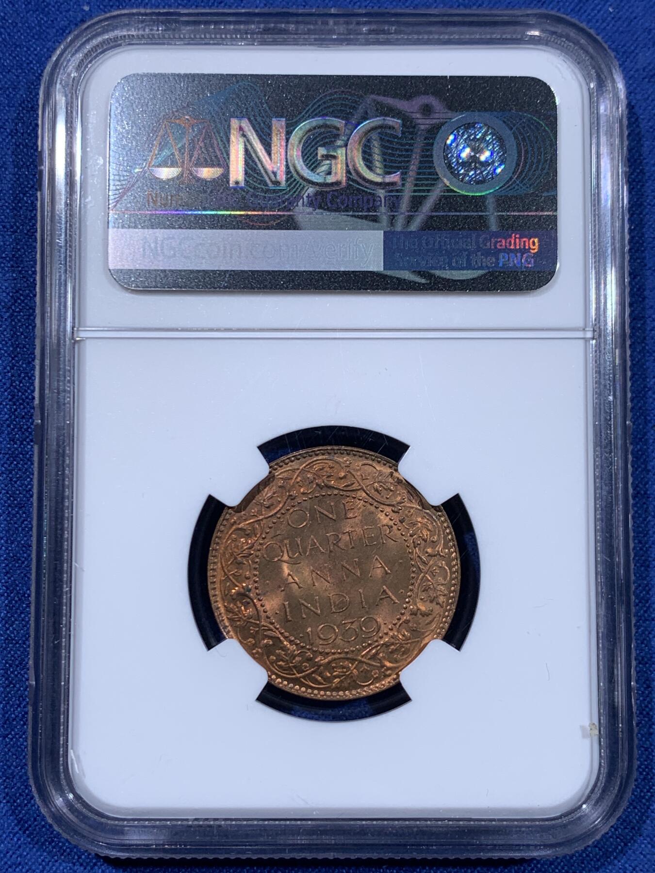 《竞宝斋》第477场 周日，周一 2场连拍 （全场包邮）欢迎送拍 NGC MS63RB 英属印度1939年B版1/4安娜铜币