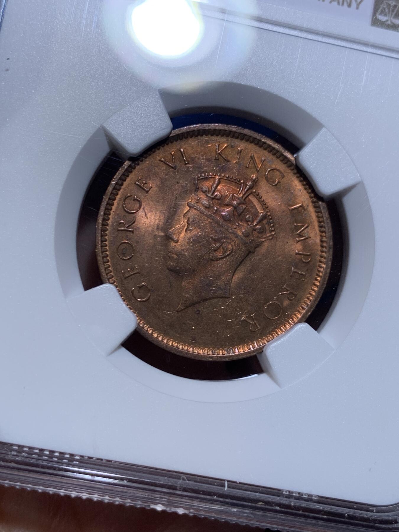 《竞宝斋》第477场 周日，周一 2场连拍 （全场包邮）欢迎送拍 NGC MS63RB 英属印度1939年B版1/4安娜铜币