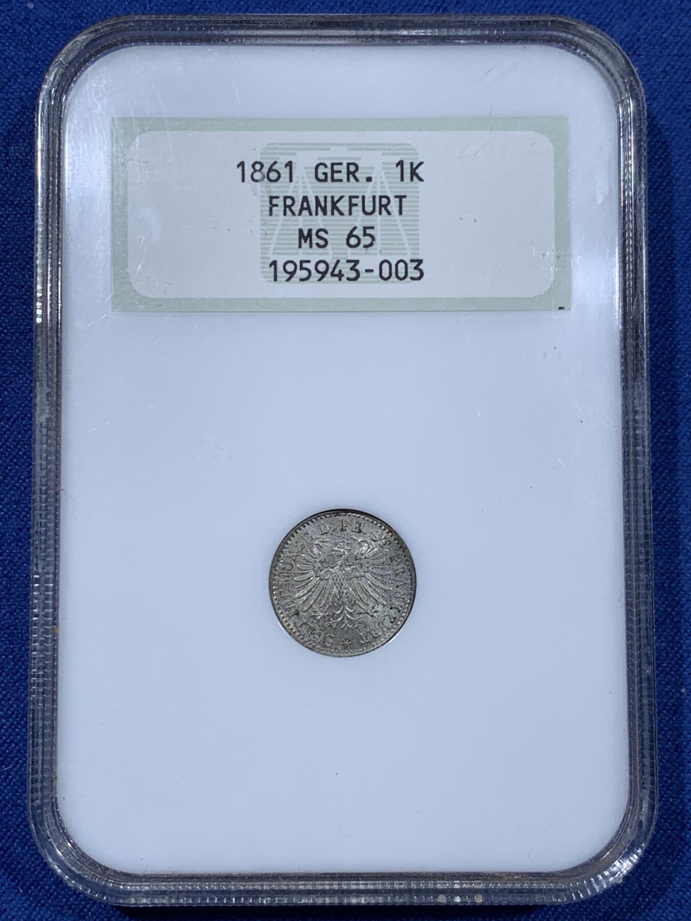 《竞宝斋》第477场 周日，周一 2场连拍 （全场包邮）欢迎送拍 NGC MS65 德意志法兰克福1861年1克鲁泽银币