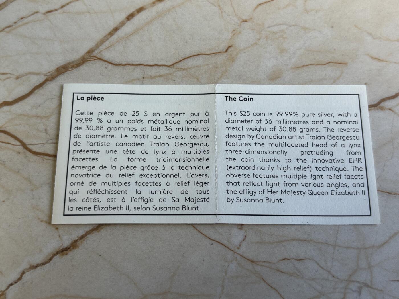 第197期拍卖 加拿大2020年多边立体高浮雕动物系列猞猁纪念银币，9999银，发行2500套