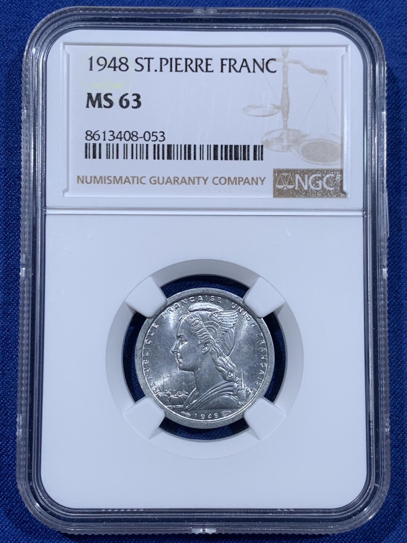 《竞宝斋》第477场 周日，周一 2场连拍 （全场包邮）欢迎送拍 NGC MS63 法属圣皮埃尔和密克隆1948年1法郎铝币 法属殖民地钱币背面设计各不相同，可供凑套收集，铝币高分好品难得