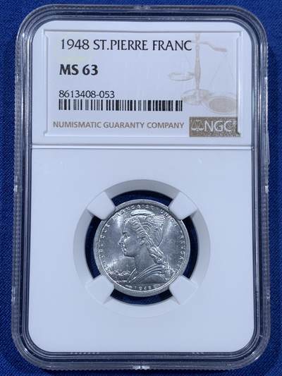 《竞宝斋》第477场 周日，周一 2场连拍 （全场包邮）欢迎送拍 - NGC MS63 法属圣皮埃尔和密克隆1948年1法郎铝币 法属殖民地钱币背面设计各不相同，可供凑套收集，铝币高分好品难得