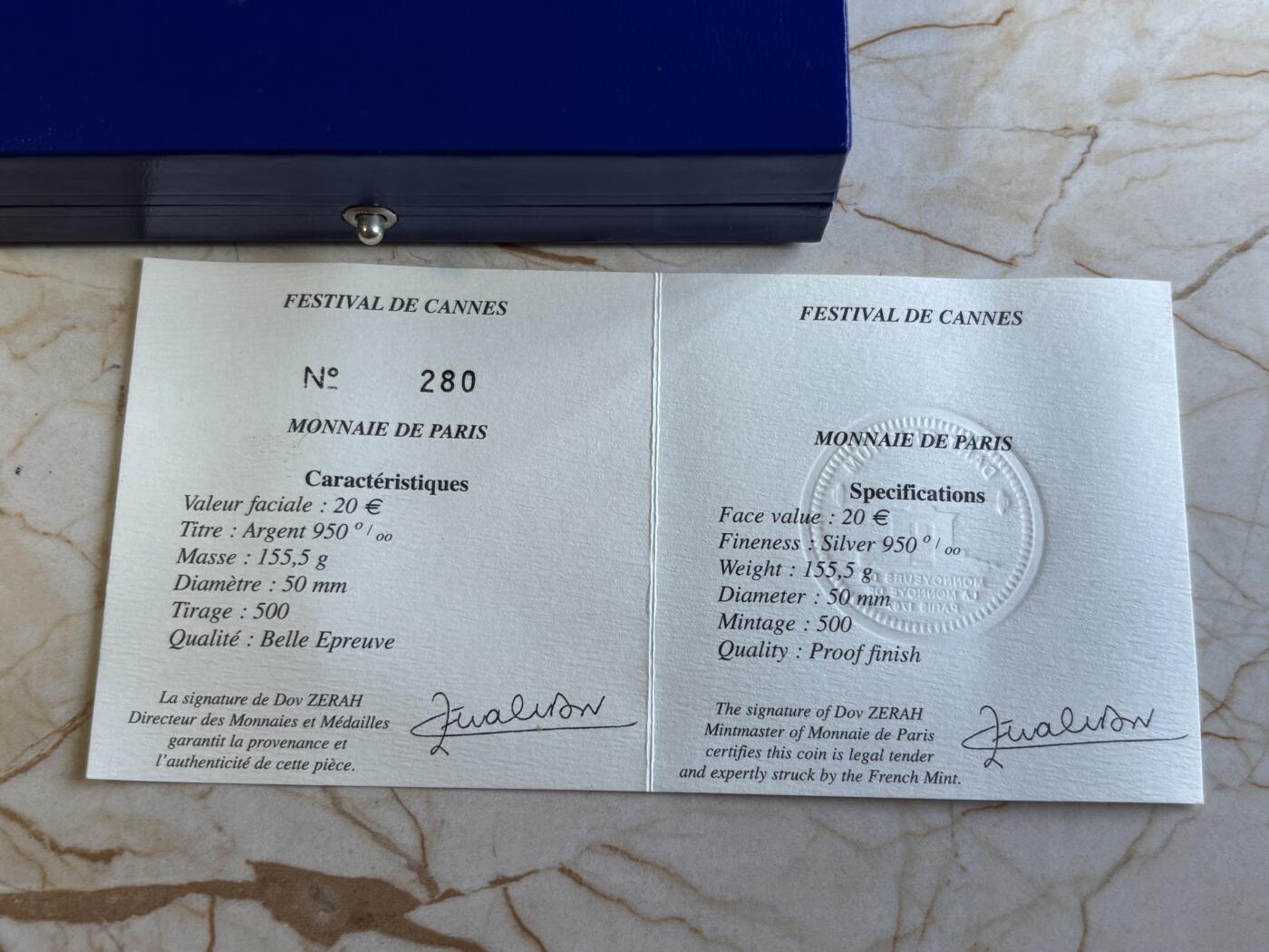 法国2007年戛纳电影节5盎司精制加厚纪念银币，950银，发行500枚