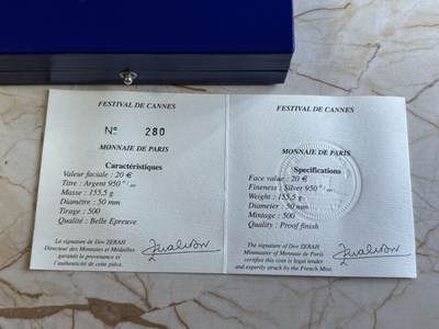 法国2007年戛纳电影节5盎司精制加厚纪念银币，950银，发行500枚
