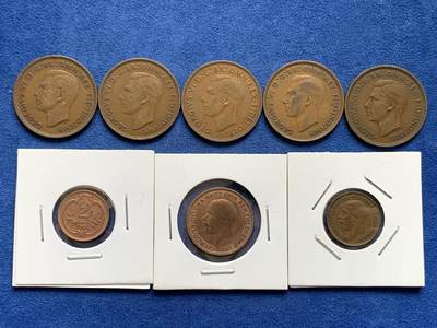 《竞宝斋》第477场 周日，周一 2场连拍 （全场包邮）欢迎送拍 - 八枚一组 1937-1949年英国乔六时期便士五枚（醇厚巧克力包浆） + 英国、奥匈帝国铜币三枚