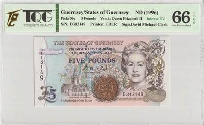 PThappally收藏第56次拍卖，英联邦地区硬币纸币 - 根西岛 1996年 5镑 Pick 56c TQG 66 EPQD Gem UNC