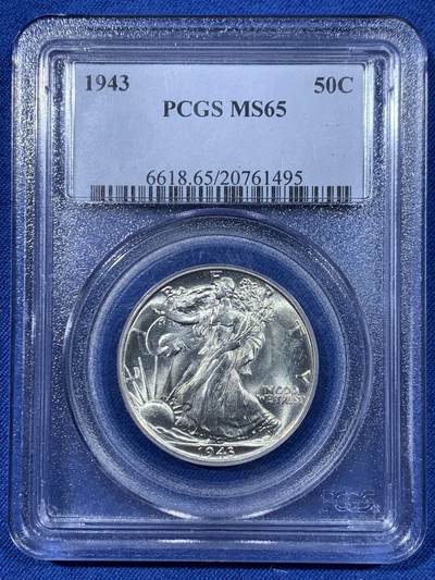 《竞宝斋》第477场 周日，周一 2场连拍 （全场包邮）欢迎送拍 - PCGS MS65 美国1943年行走女神半美元，pcgs老盒高分，流水转光