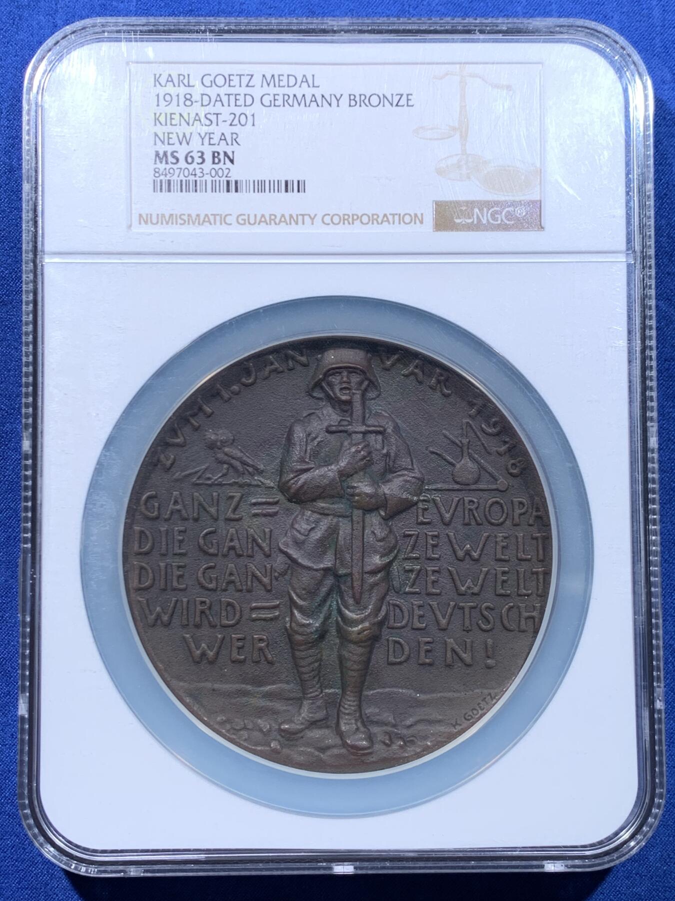 《竞宝斋》第477场 周日，周一 2场连拍 （全场包邮）欢迎送拍 NGC MS63BN 德国1918年卡尔・戈茨铜章，一战末期历史见证，时代烙印鲜明，专题收藏必备，少见超大铜章，约83mm直径，加大加厚盒。