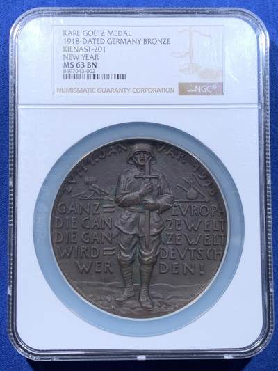 《竞宝斋》第477场 周日，周一 2场连拍 （全场包邮）欢迎送拍 - NGC MS63BN 德国1918年卡尔・戈茨铜章，一战末期历史见证，时代烙印鲜明，专题收藏必备，少见超大铜章，约83mm直径，加大加厚盒。
