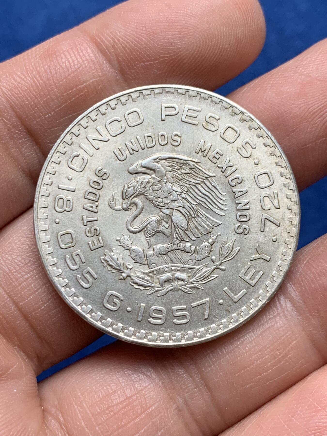 《竞宝斋》第477场 周日，周一 2场连拍 （全场包邮）欢迎送拍 墨西哥 1957年 宪法百年纪念 5比索 银币