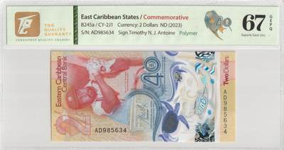 PThappally收藏第56次拍卖，英联邦地区硬币纸币 - 东加勒比国家，纪念2美元 2023 Pick w61- TQG 67 Superb Gem UNC