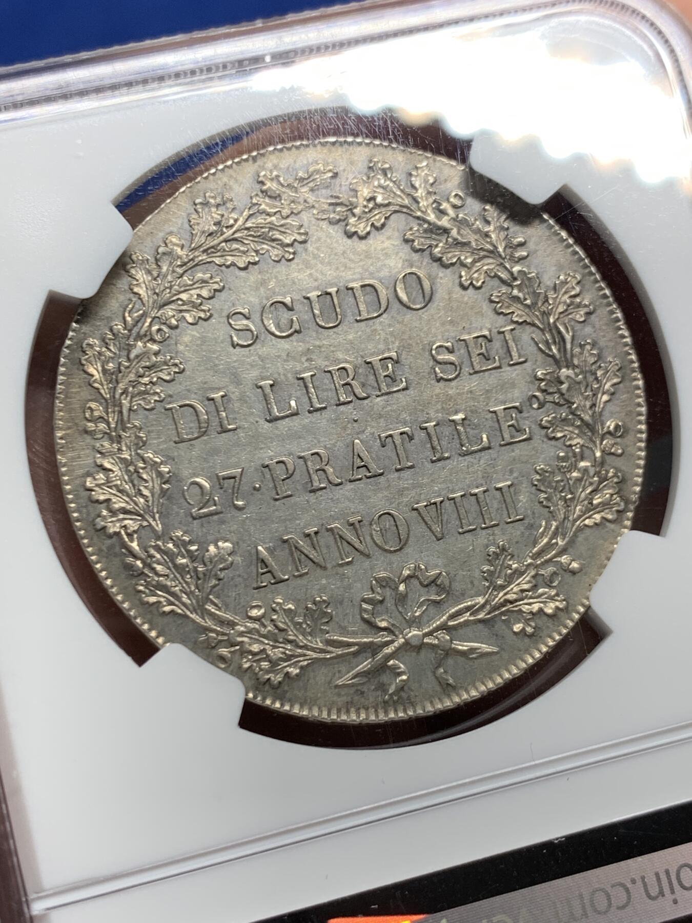 《竞宝斋》第477场 周日，周一 2场连拍 （全场包邮）欢迎送拍 NGC MS61 意大利共和8年1800年 阿尔卑斯山南共和国1斯库多大银币，短暂的共和国，大名誉品，拿破仑系列与意大利的交融。此品种常见丰饶角弱打，此枚全深打，极其难得。艺术性绝佳的品种，外拍越来越贵