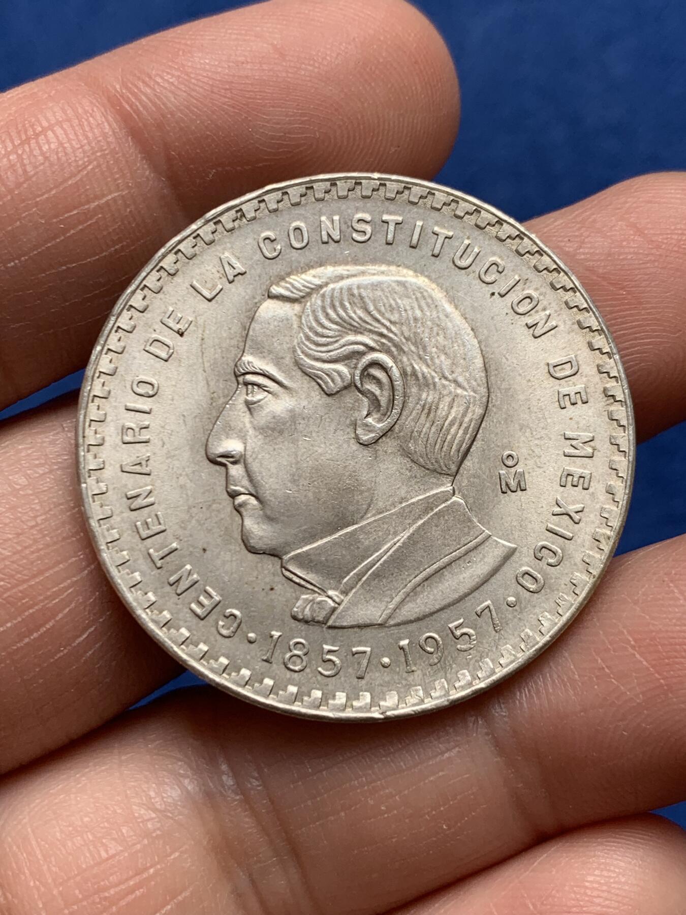 《竞宝斋》第477场 周日，周一 2场连拍 （全场包邮）欢迎送拍 墨西哥 1957年 宪法百年纪念 5比索 银币