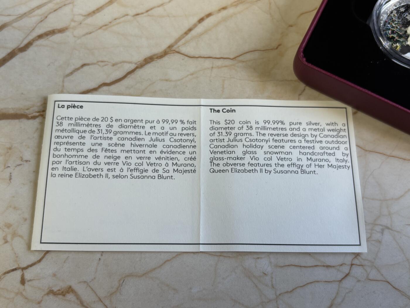 第197期拍卖 加拿大2014年圣诞系列雪人镶嵌威尼斯玻璃彩银币，9999银，发行10000枚