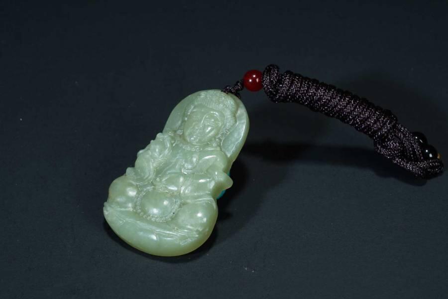 上海都达杂项专场六十六【全场包邮】 天然和田玉精雕《观音》挂件 福鉴定证书63-36