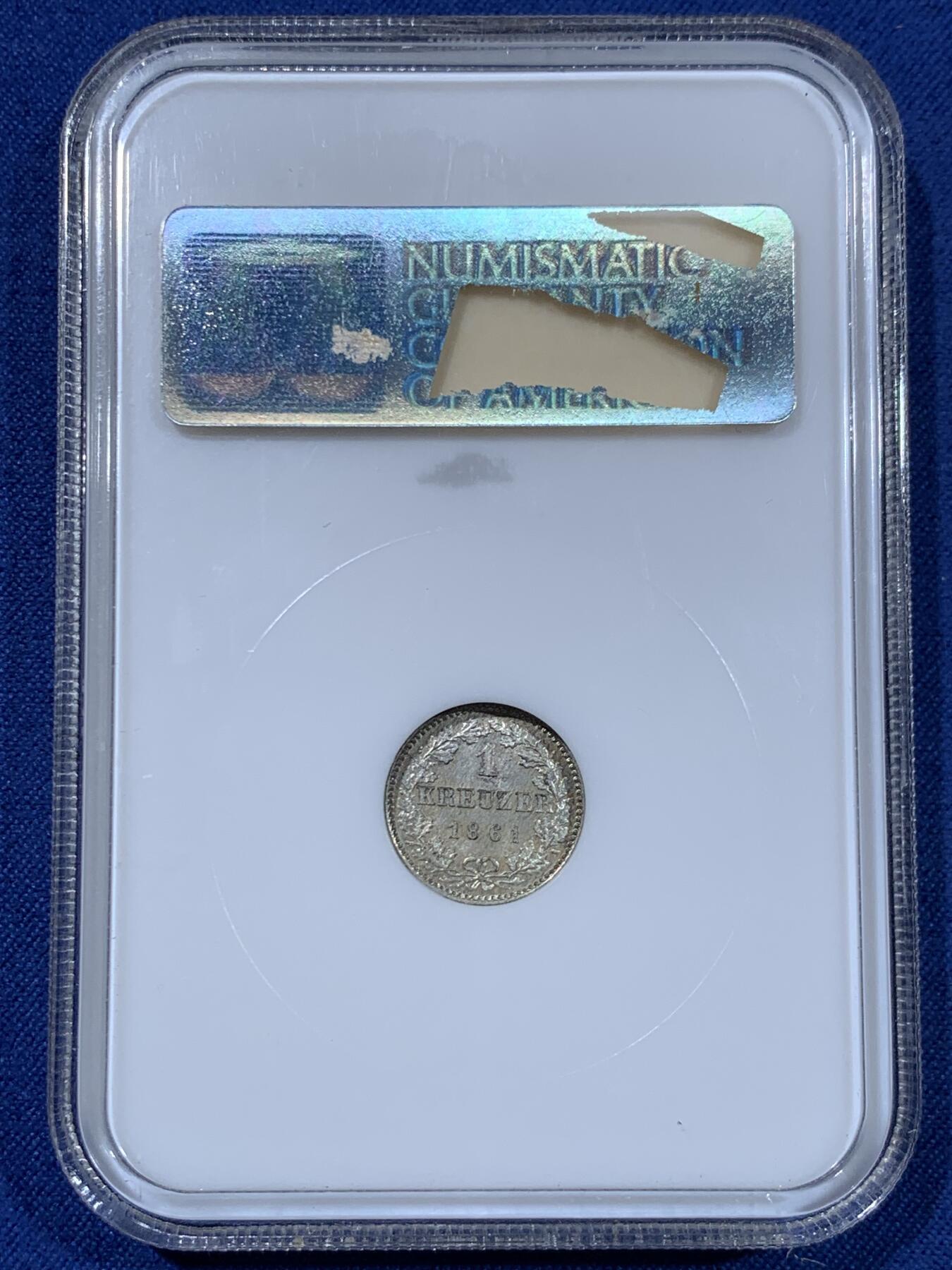 《竞宝斋》第477场 周日，周一 2场连拍 （全场包邮）欢迎送拍 NGC MS65 德意志法兰克福1861年1克鲁泽银币