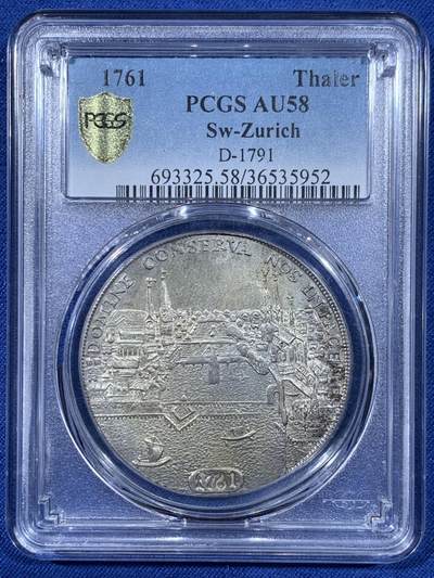 《竞宝斋》第477场 周日，周一 2场连拍 （全场包邮）欢迎送拍 - 唯一亚军分 PCGS AU58 瑞士1761年 苏黎世城市景观1泰勒大银币 少见品种，热门城市景观泰勒 盒子背面支撑有磕