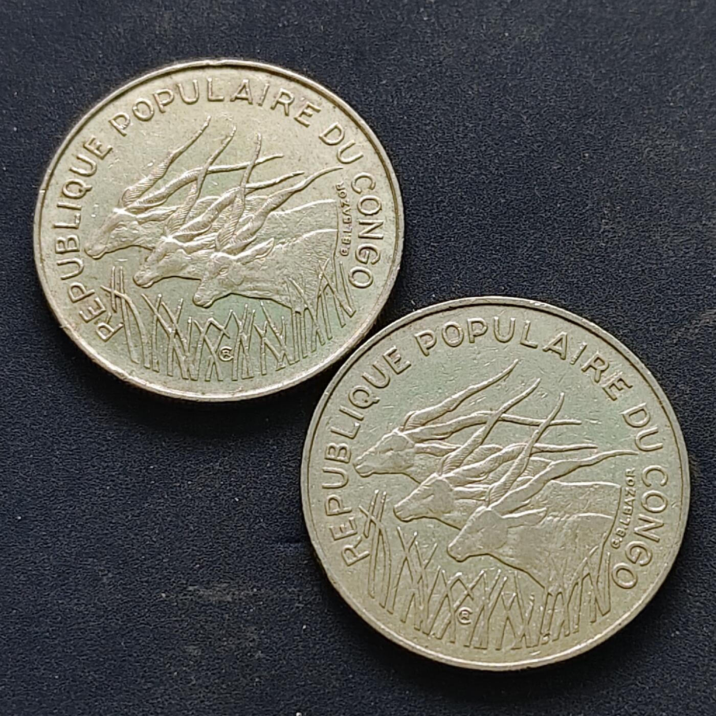 【全场包邮】纯粹捡漏拍518场 刚果1971/1983年三羚羊100法郎2版本2枚一组（KM1/KM2）