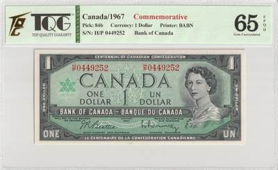 PThappally收藏第56次拍卖，英联邦地区硬币纸币 - 加拿大银行1967年纪念1加元 Pick 84b