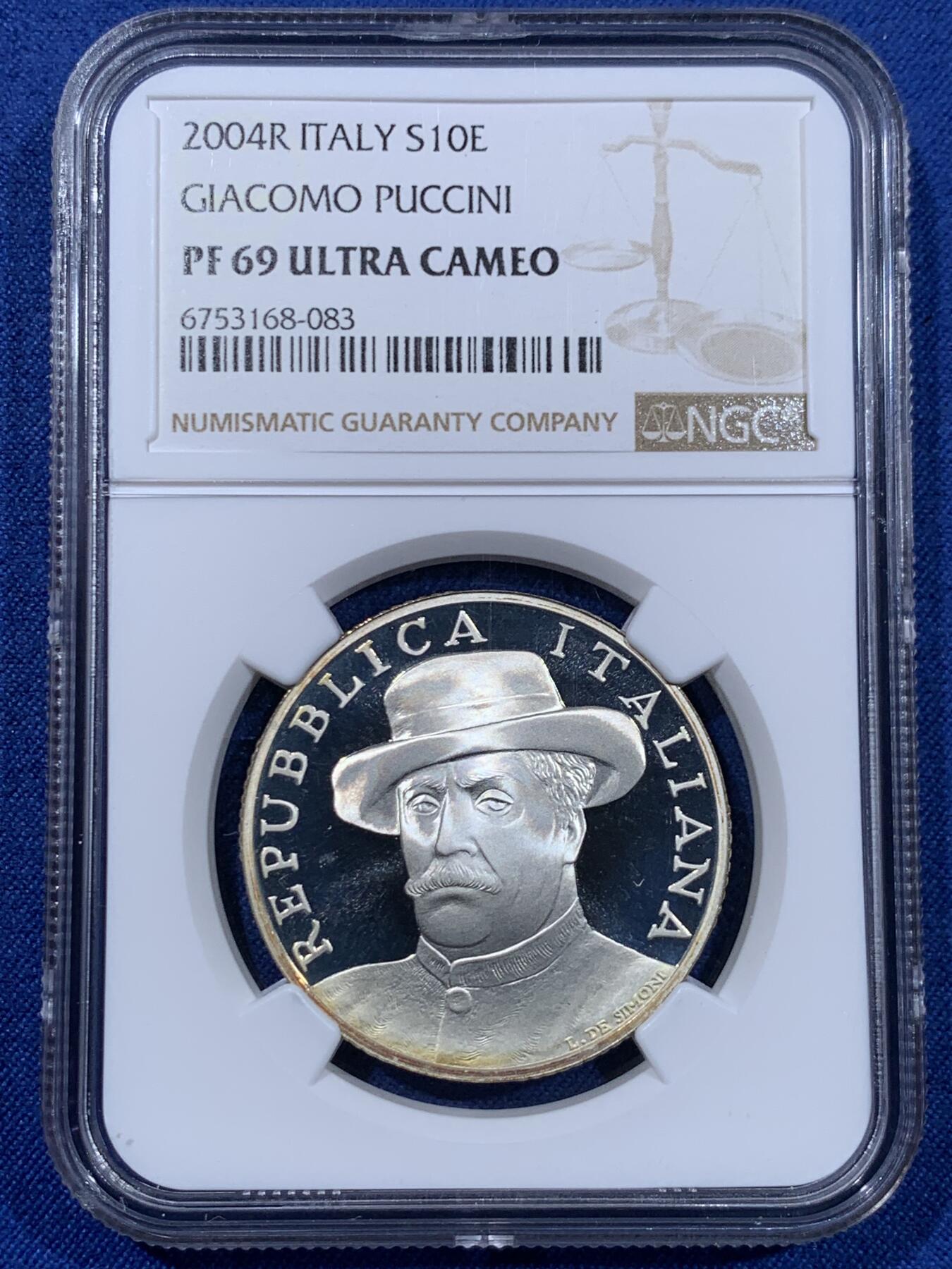 《竞宝斋》第477场 周日，周一 2场连拍 （全场包邮）欢迎送拍 NGC PF69UC 意大利2004年贾科莫·普契尼（意大利歌剧作曲家) 10欧元精制银币 22克 925银 发行量8000枚 冠军分