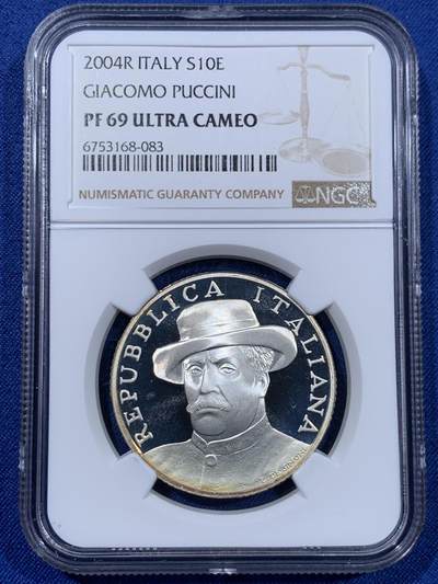 《竞宝斋》第477场 周日，周一 2场连拍 （全场包邮）欢迎送拍 - NGC PF69UC 意大利2004年贾科莫·普契尼（意大利歌剧作曲家) 10欧元精制银币 22克 925银 发行量8000枚 冠军分