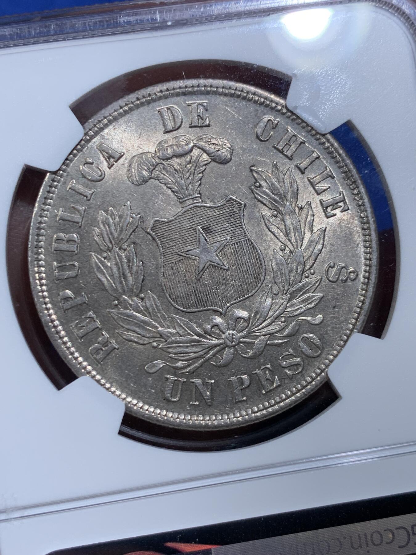 《竞宝斋》第477场 周日，周一 2场连拍 （全场包邮）欢迎送拍 NGC MS63 智利1882年1比索大银币