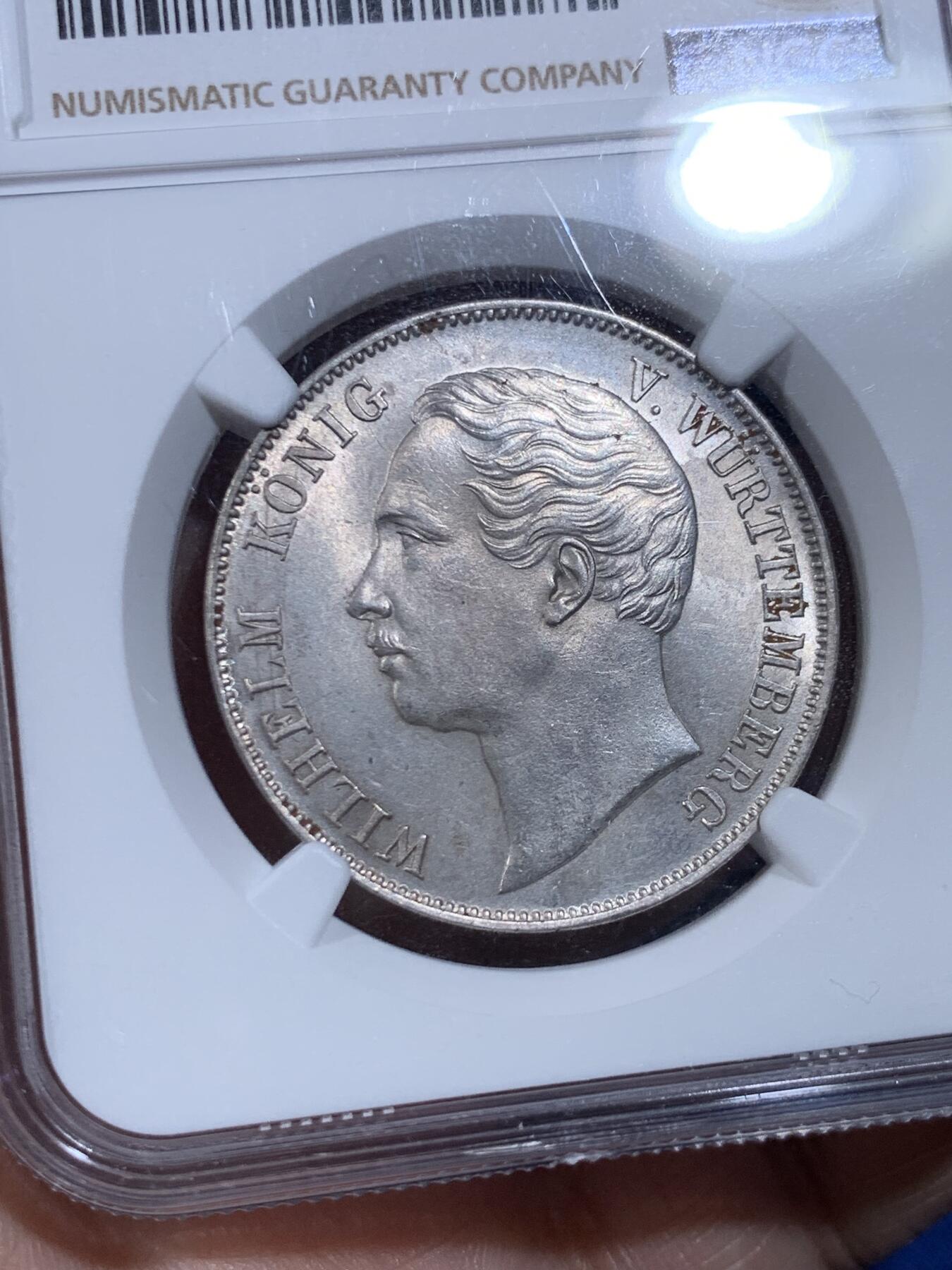 《竞宝斋》第477场 周日，周一 2场连拍 （全场包邮）欢迎送拍 NGC MS61 德国 1859 符腾堡 狮鹿泰勒 银币 德意志帝国早期南德邦国货币，少见品种