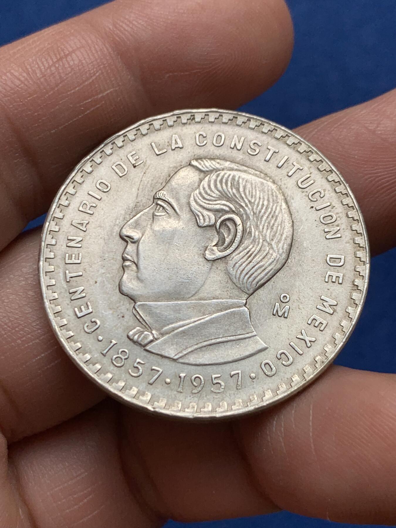 《竞宝斋》第477场 周日，周一 2场连拍 （全场包邮）欢迎送拍 墨西哥 1957年 宪法百年纪念 5比索 银币