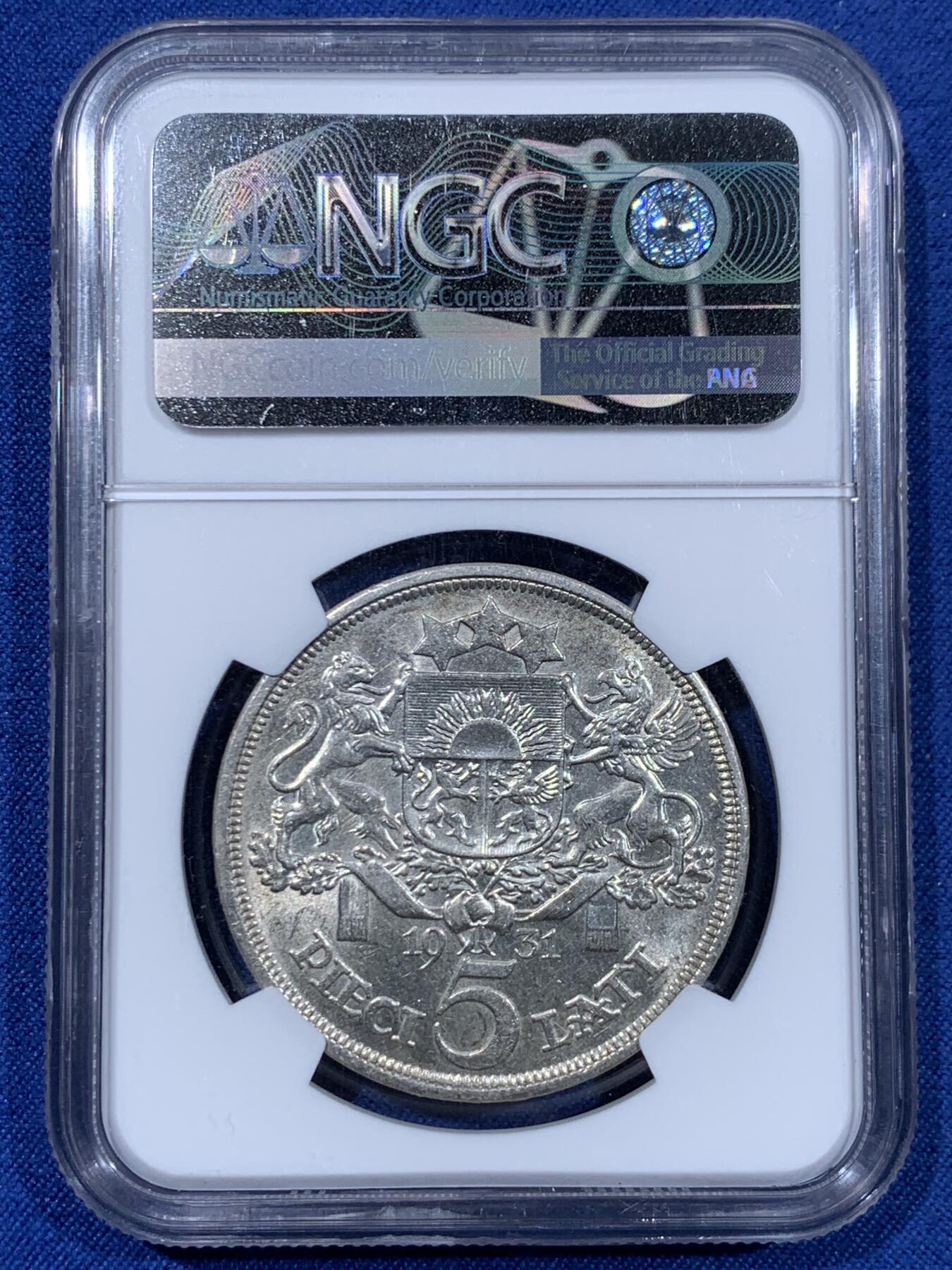 《竞宝斋》第477场 周日，周一 2场连拍 （全场包邮）欢迎送拍 NGC MS62 拉脱维亚1931年5拉特银币，未流通品相，收藏价值极高