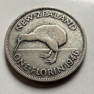 🌹外币初藏🌹🐯2026年第38场   每周二四六晚8️⃣点 世界钱币 - 新西兰 1946年 乔治六世 1弗罗林 28.6mm-11.31g-50%银 银币