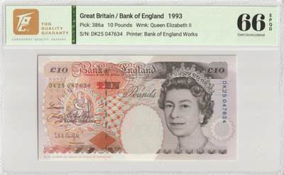 PThappally收藏第56次拍卖，英联邦地区硬币纸币 - 英格兰银行 1993 年 10 英镑 Pick 386a TQG 66 EPQD Gem UNC