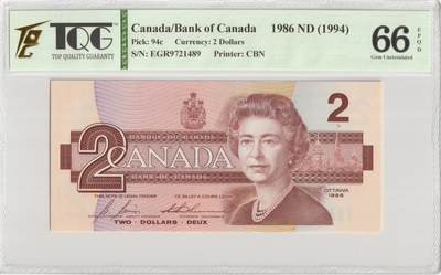 PThappally收藏第56次拍卖，英联邦地区硬币纸币 - 加拿大银行 1994 年 2 元 Pick 94c TQG 66 EPQD Gem UNC