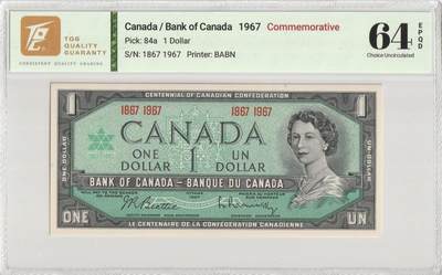 PThappally收藏第56次拍卖，英联邦地区硬币纸币 - 加拿大银行1967年纪念1加元 Pick 84a