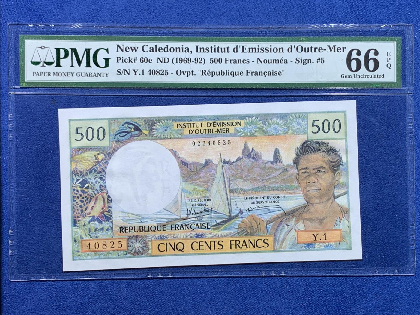 《竞宝斋》第477场 周日，周一 2场连拍 （全场包邮）欢迎送拍 PMG 66EPQ 法属新喀里多尼亚 500法郎