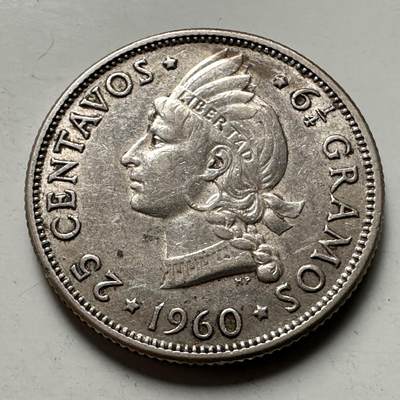 🌹外币初藏🌹🐯2026年第38场   每周二四六晚8️⃣点 世界钱币 - 多米尼加 1960年 25分 24mm-6.25g-90%银 银币