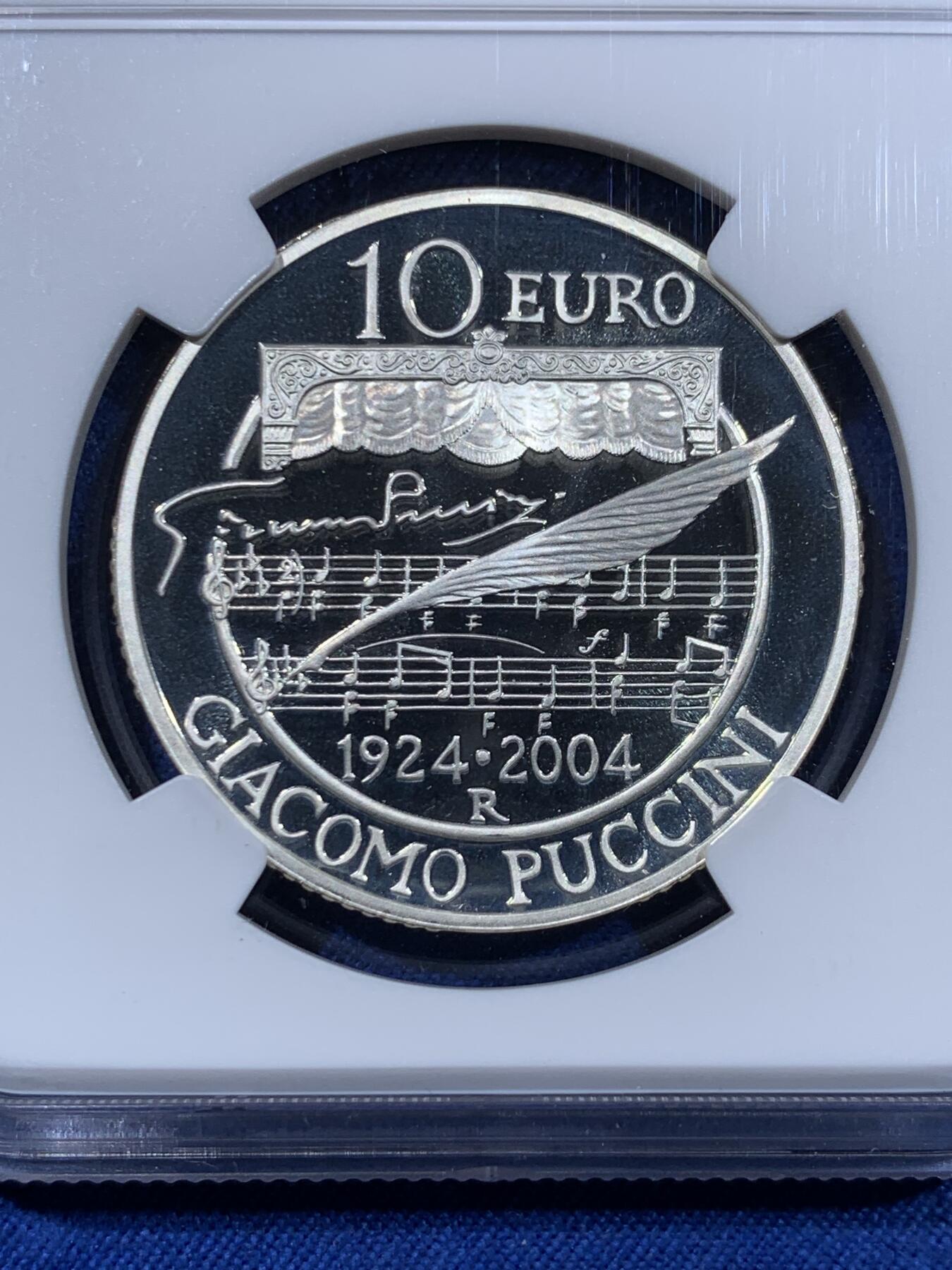 《竞宝斋》第477场 周日，周一 2场连拍 （全场包邮）欢迎送拍 NGC PF69UC 意大利2004年贾科莫·普契尼（意大利歌剧作曲家) 10欧元精制银币 22克 925银 发行量8000枚 冠军分