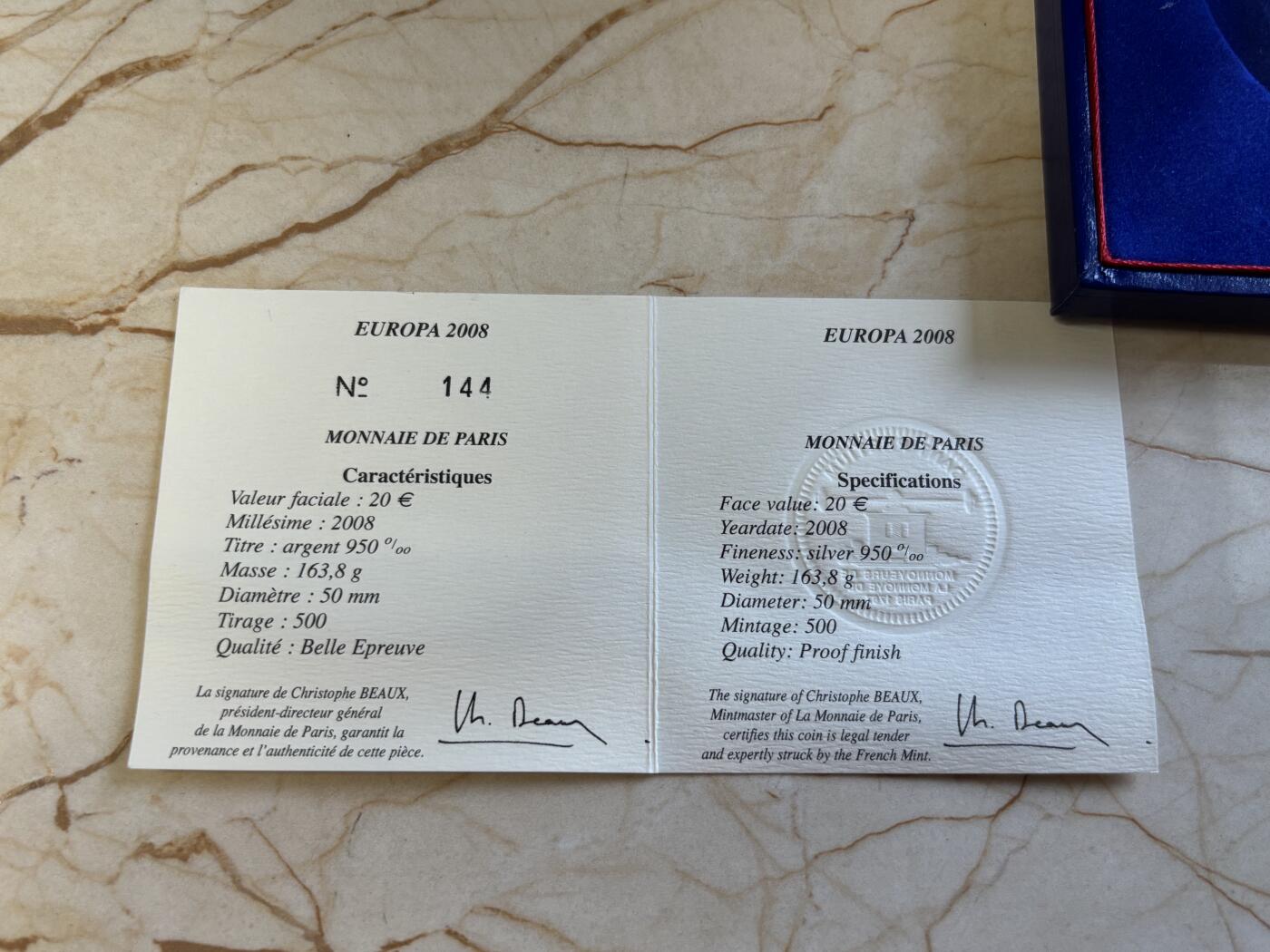 第197期拍卖 法国2008年欧盟轮值主席国5盎司加厚精制纪念银币，950银，发行500枚，没有塑料盒，有氧化点