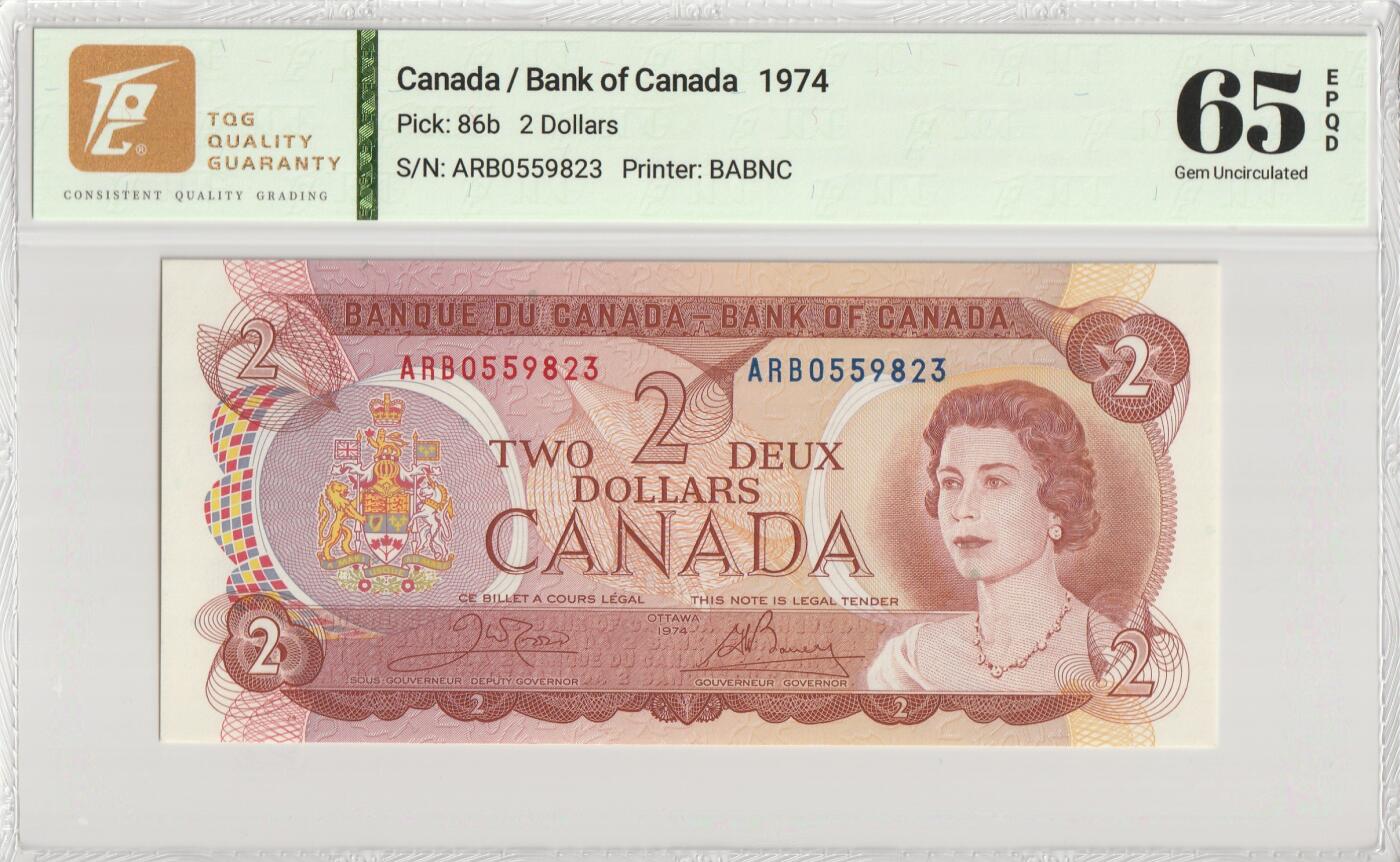 PThappally收藏第56次拍卖，英联邦地区硬币纸币 加拿大银行 1974 年 2 元 Pick 86b